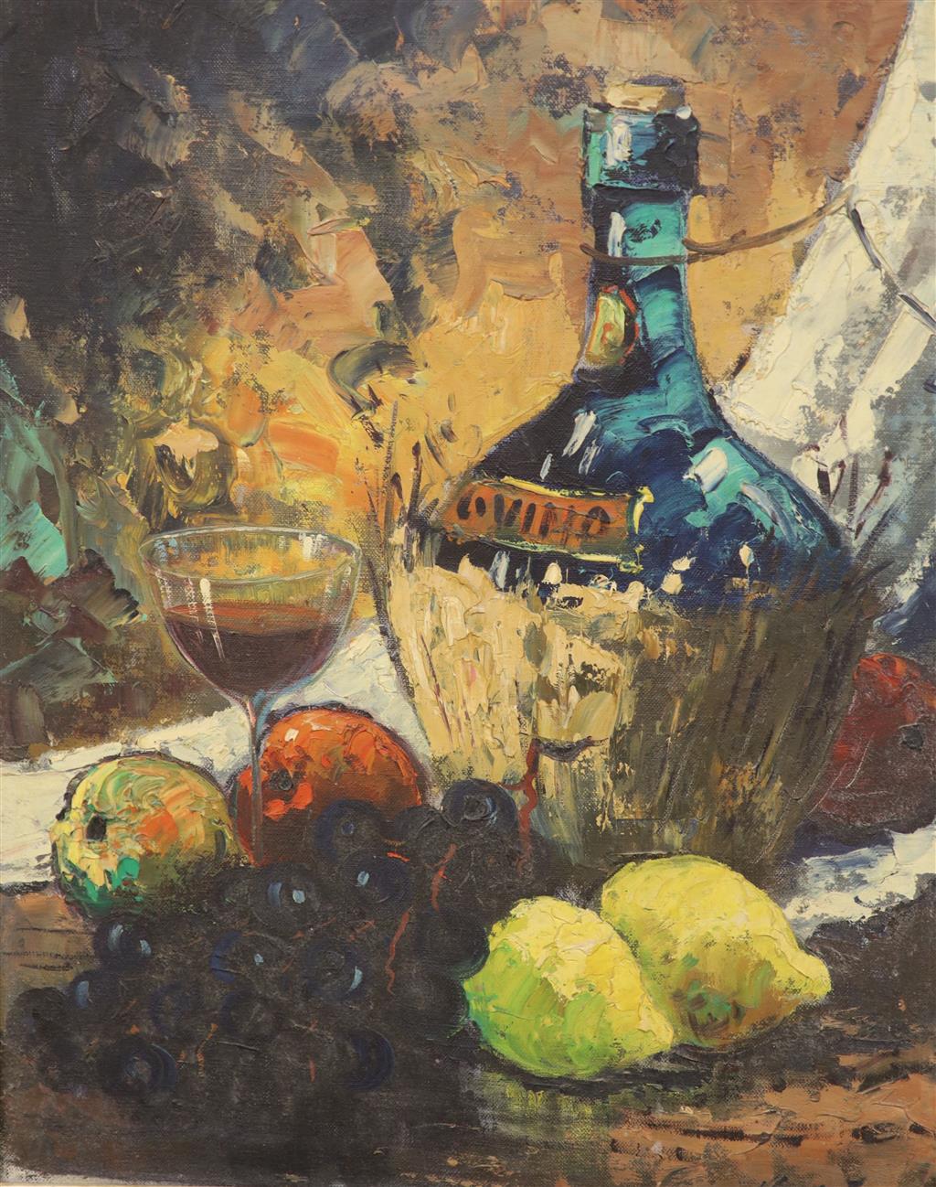 Italian School, oil on canvas, Still life of a Cianti bottle and fruit, 50 x 40cm, an oil landscape and a sketch of fishing boats